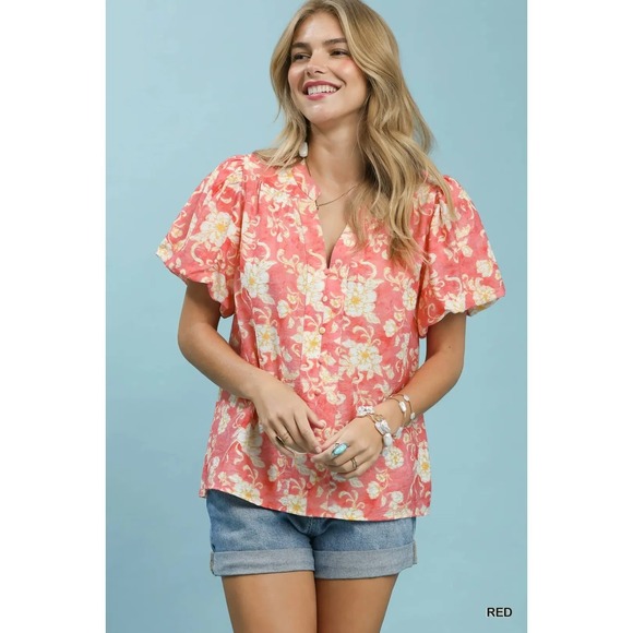 Umgee Tops - Umgee Floral Button-Front Short Sleeve Shirt Large